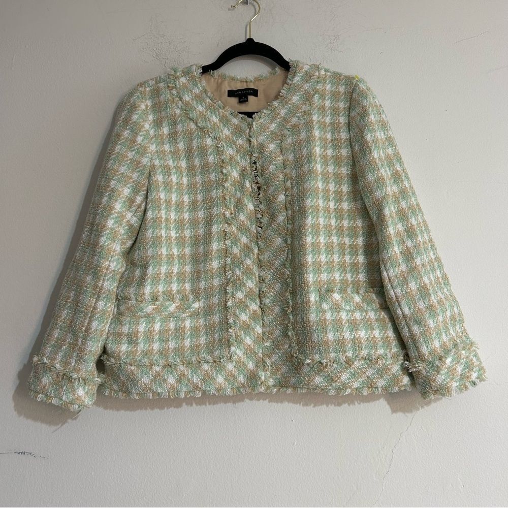 Ann Taylor Green Pastel Tweed Fringe Blazer Size 8 Office Work Career